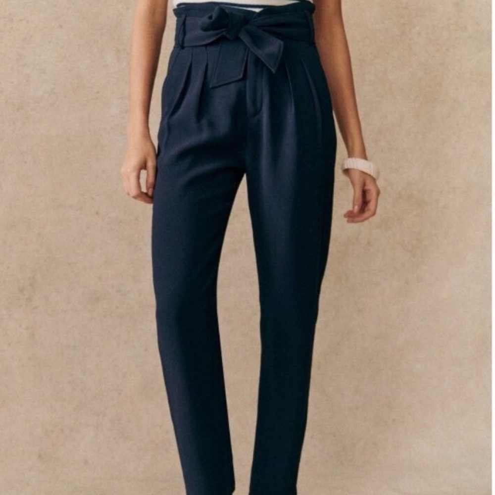 Sezane navy high waisted paper bag pants - Austin